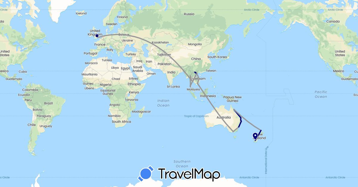 TravelMap itinerary: driving, plane in Australia, United Kingdom, New Zealand, Thailand, Vietnam (Asia, Europe, Oceania)