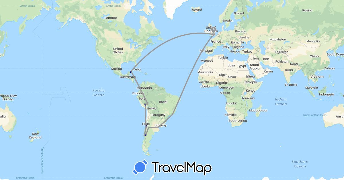 TravelMap itinerary: driving, plane in Argentina, Brazil, Chile, United Kingdom, Mexico, Peru (Europe, North America, South America)